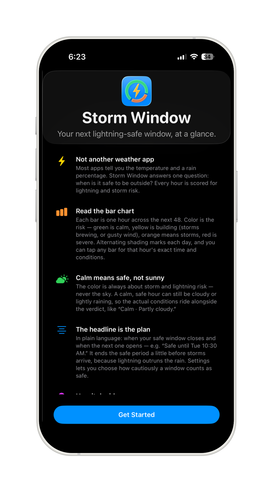 Storm Window onboarding screen explaining how the app works