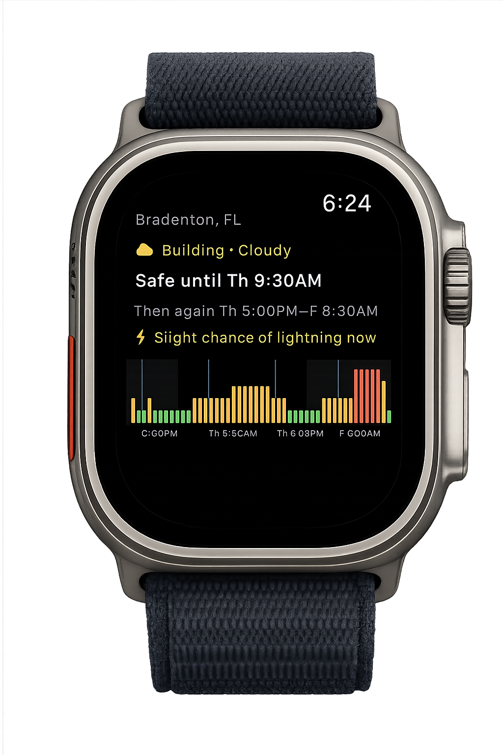 Storm Window on Apple Watch showing the next safe window and compact risk strip