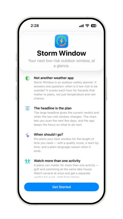 Storm Window onboarding screen explaining how the app works