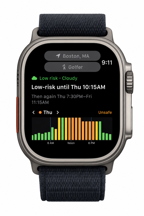 Storm Window Apple Watch app showing the current outdoor risk and daily risk chart