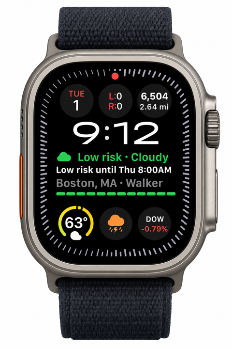 Storm Window Apple Watch app showing watch-local forecast details and risk chart