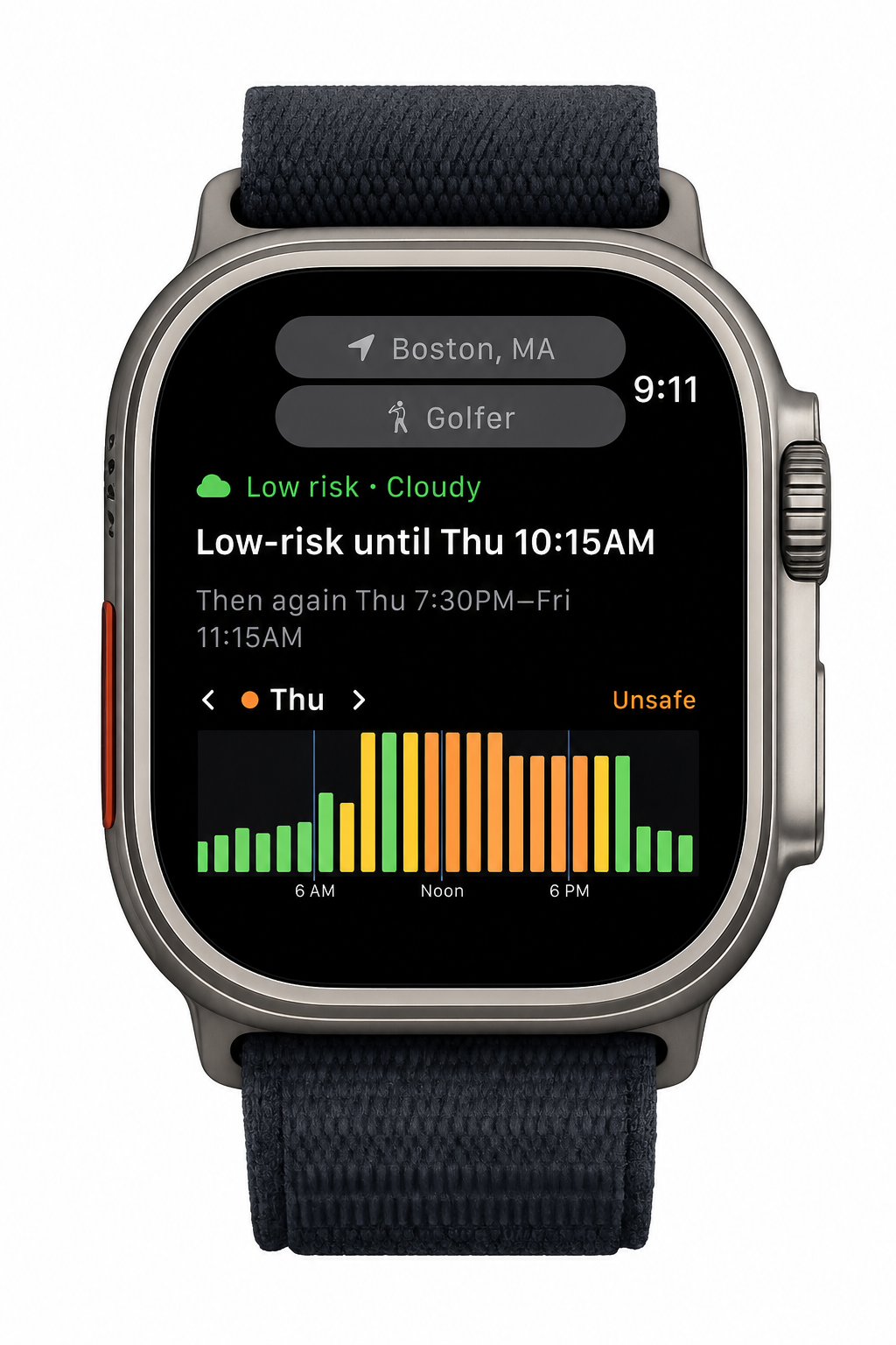 Storm Window Apple Watch app showing current outdoor risk and timing